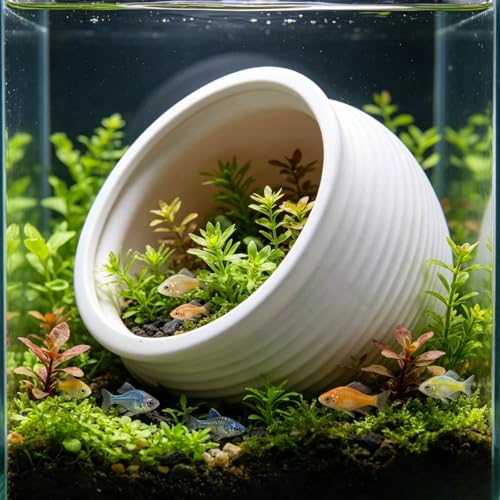Saim Ceramic Aquarium Hideout Cave, White Clay Pot Fish Tank Decorations with 3.94" Round Opening, Natural Hide House for Cichlid Goldfish Pleco Betta Shrimp Breeding, Aquascape Ornament (Large)