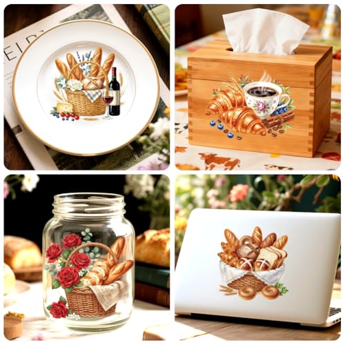 Peacoblue 18 Sheets Rub on Transfers for Crafts, Various Breads 3.6"x3.9" UV DTF Cup Wraps Waterproof Cold Transfers Stickers for Wood Glass Metal Cup Tumblers Mirrors Mugs Home Decor - style: Various Breads