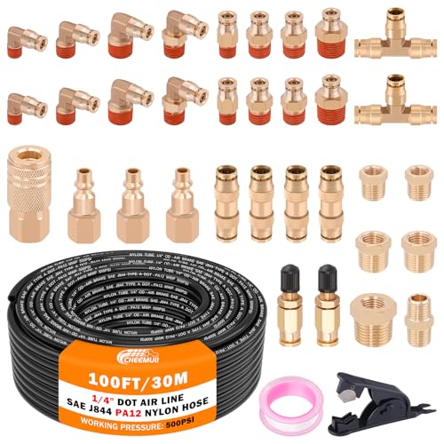 CheeMuii 100 FT 1/4" DOT Air Line with 34 Pcs Brass DOT Air Line Fittings Kit 30.5 Meter 1/4 Black Air Lines Service Kit with Push Lock Air Fitting Air Coupler & Plug Kit - color: black & gold, size: 1/4"100ft-37pcs