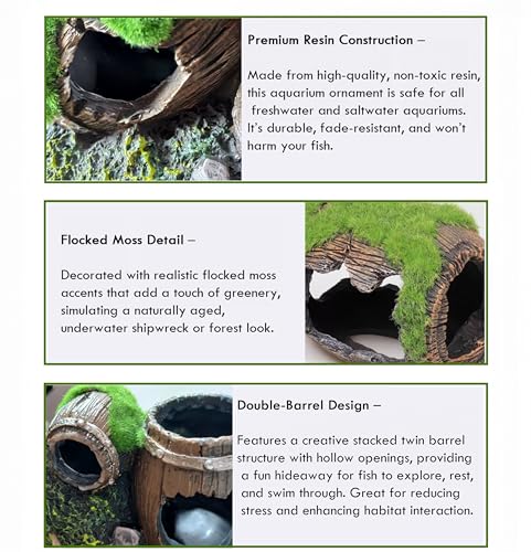 Moss-Covered Twin Broken Barrels Aquarium Decor – Resin Fish Tank Hideout with Artificial Moss for Betta, Shrimp & Small Fish