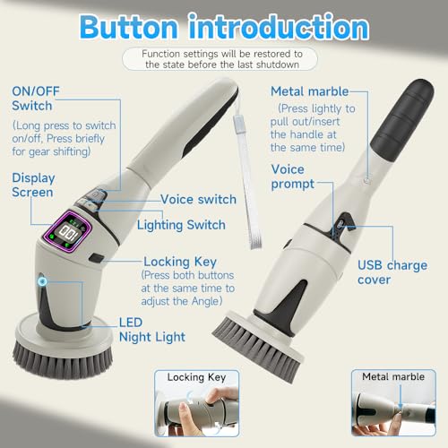 10-in-1 Electric Spin Scrubber for Cleaning, Voice Broadcast Rechargeable Power Scrubber, Aquarium Cleaner, Cordless Shower Cleaner Brush for Tile/Bathtub/Floor/Shoes/Car-Light Gray