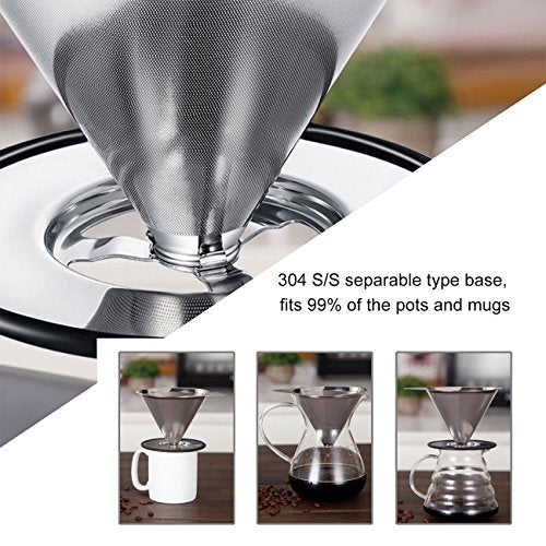 LHS Pour Over Coffee Dripper Stainless Steel Coffee Filter Metal Cone Filter Paperless Reusable Coffee Filter Single Cup Coffee Maker 1-4 Cup With Non-slip Cup Stand and Cleaning Brush - color: single mesh 1-4 cups Silver