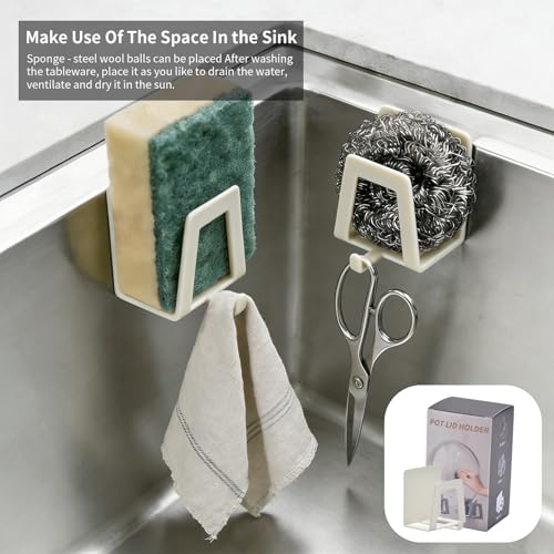 4 Pack Pot Lid Holders with Hook, Pot and Pan Hangers for Kitchen Inside Cabinet Wall Mount Rack Cabinet Door Lid Organizer, Save More Space, White - color: White