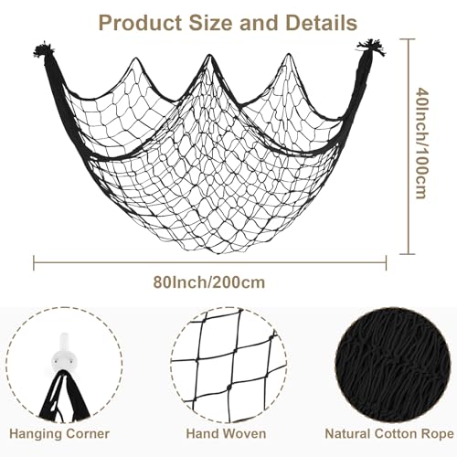 2 Pack Fish Net Decorations, 80x40 Inch Black Fishing Net Decor for Pirate Under The Sea Beach Theme Party, 3mm Thick Natural Cotton Versatile Nautical Netting for Wall Table Ceiling Halloween Decor - color: Black, size: Large - 2 Pack