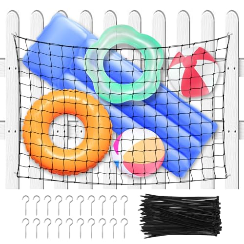 Pool Float Storage Net Extra Large 78.7 x 44.5 in, Hanging Elastic Mesh Fence Organizer with 20 Hooks and 100 Ties, For Rafts Noodles Inflatables and Swim Gear