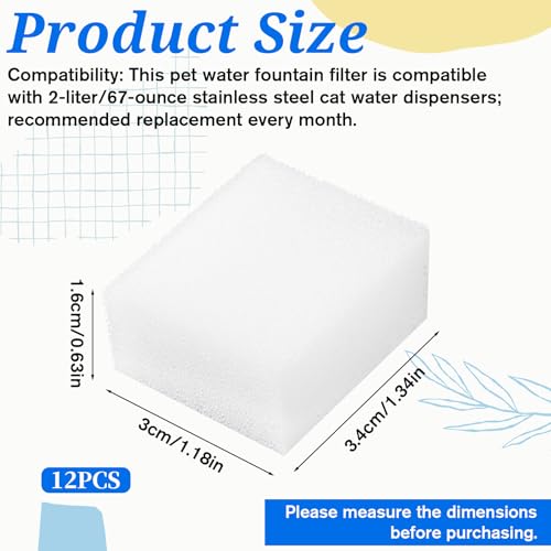 12 Pack Cat Fountain Filters Sponge Replacement Pet Fountain Pre-Filter Square Foam Sponges for 84oz/2.5L Cat Water Fountains, White
