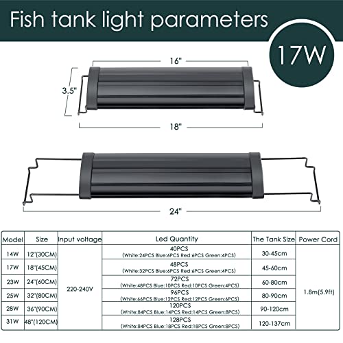 AQQA Aquarium Light,Full Spectrum LED Fish Tank Lights,12"-54" Adjustable Multi-Color White Blue Red Green LEDs with Extendable Brackets,14W-31W for Freshwater Plants (17W (18"-24")) - size: 17W (18"-24")