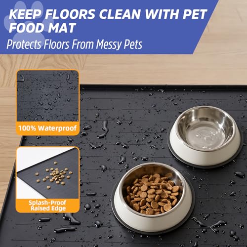 Large Dog Mats for Food and Water, 32"x24" Waterproof Pet Food Mats for Floor Nonslip Silicone Bowl Mats with Raised Edges - color: Black, size: 32"L x 24"W