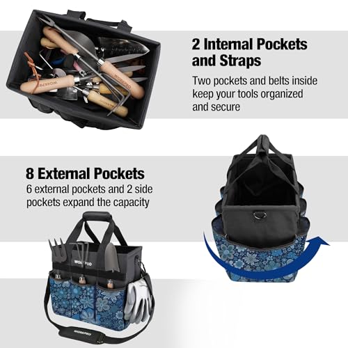 WORKPRO Garden Tool Bag Organizer, Heavy Duty Gardening Tote Bag with 10 Pockets and Long Adjustable Shoulder Strap, Standable Garden Home Tool Kits Organizer, Floral Blue (Tools are not Included) - color: Floral Blue