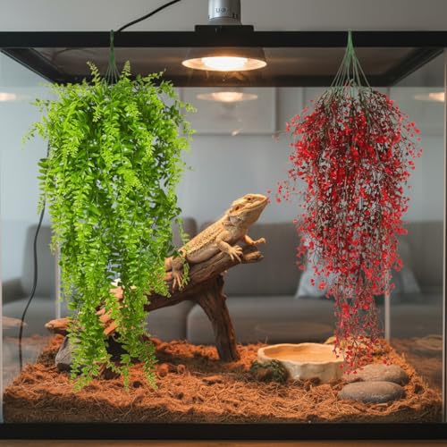 2 Pack Reptile Plants Terrarium Hanging Fake Vines with Suction Cup Artificial Leaves for Bearded Dragons Lizards Geckos Snake Hermit Crab (Red and Green) - color: 2 Pcs ( Red and Green )
