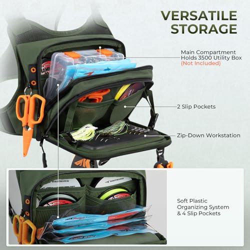 KastKing Bait Boss Water-Resistant Fishing Chest Pack With EVA Zip-Down Workstation, MOLLE Storage, Adjustable Chest Straps - color: B: Olive Green
