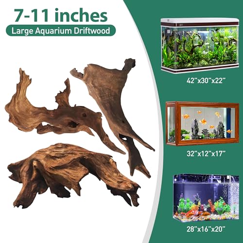 WDEFUN 3 PCS Natural Driftwood for Aquarium Decor, 7-11" Assorted Branches for Fish Tank & Reptile Terrarium, Fast Sinking Wood for Aquascaping, Safe for Betta, Shrimp & Snails - size: Mopani driftwood （7-11 inch pack of 3）