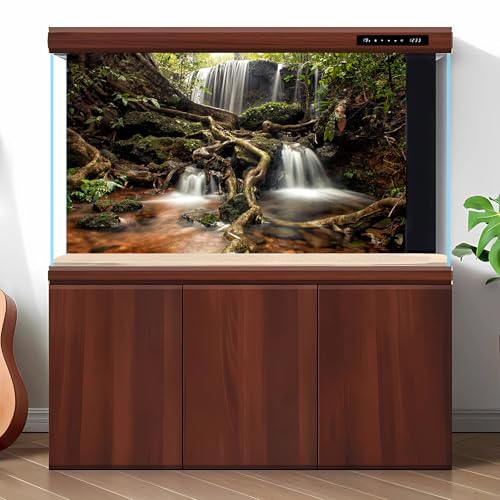 Waterfall Aquarium Background Jungle Forest Lake Stream Natural Landscape Fish Tank Background Tropical Plants Huge Rock Terrarium Backgrounds Jungle Old Trees Falls Aquarium Tank Backgrounds 24x12in - color: Brown_Green, size: 24(W)x12(H)inches/ 60(W)*30