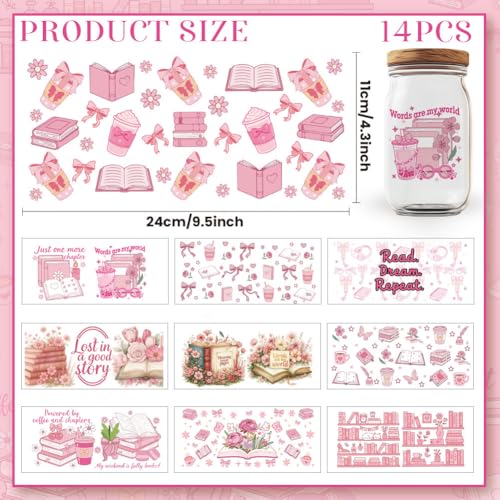 14 Pcs Reading UV DTF Cup Wraps for 16OZ Glass, 4.3 x 9.4 Inch Pink Reading Book Lover UV DTF Transfer Stickers Waterproof Rub on Transfer Decals for Glass Bottle Vase Furniture Crafts - style: Pink Reading