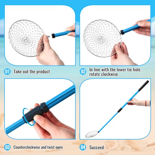 Roshtia 2 Pack Beach Sand Sifter Scoop with Seashell Bags, 18.5"- 30" Adiustable Shark Tooth Sifter Long Handle Sand Digger Scooper for Shell & Shark Tooth Collect Tool Toy for Adults Kid (Blue, Pink) - color: Blue, Pink, size: 18.5-30 Inch, style: Scoop