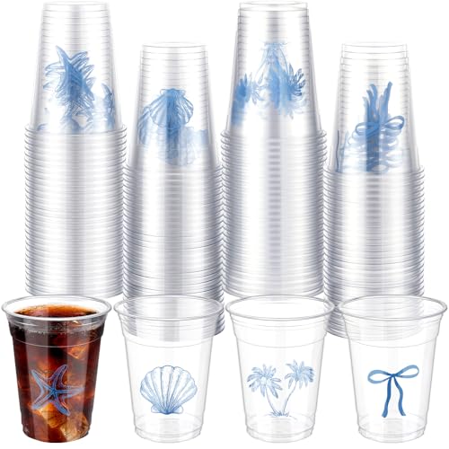 Qinyoung 100 Pcs Ocean Party Disposable Cups 12 oz Clear Plastic Blue Bow Starfish Seashell Coastal Beach Nautical Sea Theme Plastic Cups for Under The Sea Summer Ocean Tropical Mermaid Party Supplies - style: Coastal