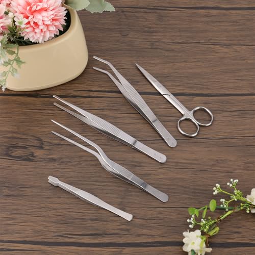5pcs Plant Tweezers and Scissors, Long Stainless Steel Garden Bend Tongs Set with Straight Curved Flat Point Tip Multiple-Use Gardening Tools for Bonsai Reptile Feeding Kitchen Use - style: B