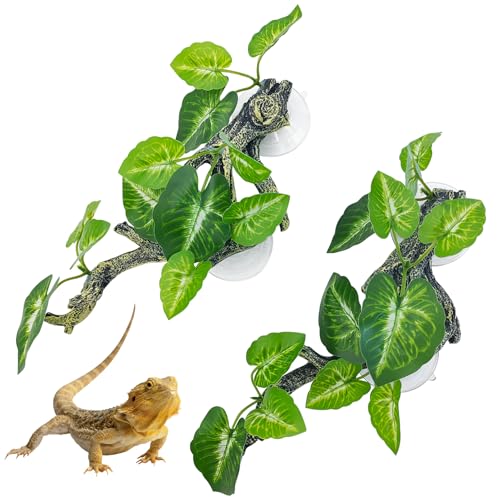 Snake Climbing Branch, 2 Pcs Resin Reptile Corner Branches for Climbing with Suction Cup, Bearded Dragon Tank Plant Decor Gecko Enclosure Ornament Terrarium Accessories for Lizard Corn Snake - color: Green With White