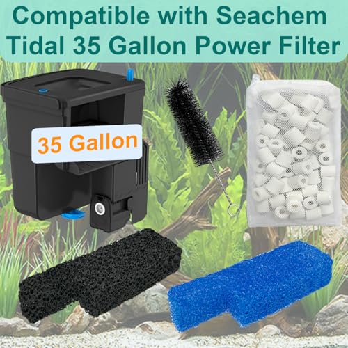 Aquarium Media Maintenance Kit Compatible with Seachem Tidal 35 Gallon Power Filters, Includes 4 Packs Ceramic Rings, 4 Packs Blue Foam Filters and 4 Packs Carbon Sponge Filters - size: Seachem Tidal 35 Series