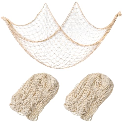 2 Pack Natural Fish Net Decorations for Party, Natural Cotton Hawaiian Party Fishing Net Decorative, Nautical Themed Cotton Fishnet Under The Sea Pirate Ocean Beach Halloween Decor