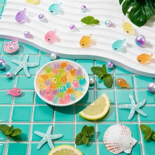 60Pcs Luminous Mini Resin Fish,Mini Resin Animals Figures,Miniature Glow in The Dark Ornament for Garden Landscape Aquarium Dollhouse Birthday Party Room Crafts DIY Decoration