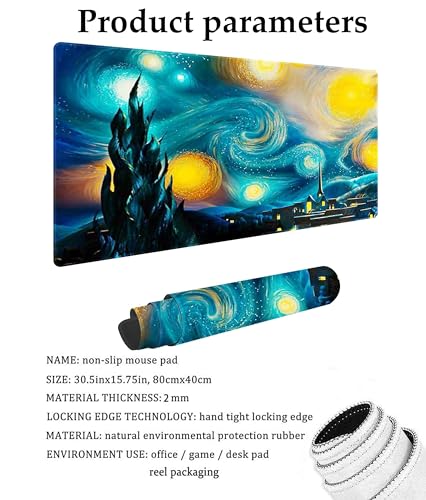 Van Gogh Style Watercolor Customized Large Extended Gaming Mouse Pad with Stitched Edges and Non-Slip Rubber Base,Suitable for Office and Home Use,31.5x15.7 Inches - color: Van Gogh Style Watercolor Painting