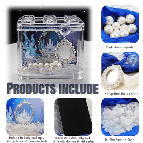 Small Betta Fish Tank, Mini Sea Monkey Tank Aquarium Kit with Glass Gravel & Background Resin Decor, 0.6 Gallon Stackable Tabletop Fish Bowl Accessories for Shrimp Seaweed Ball (Clear) - color: Clear