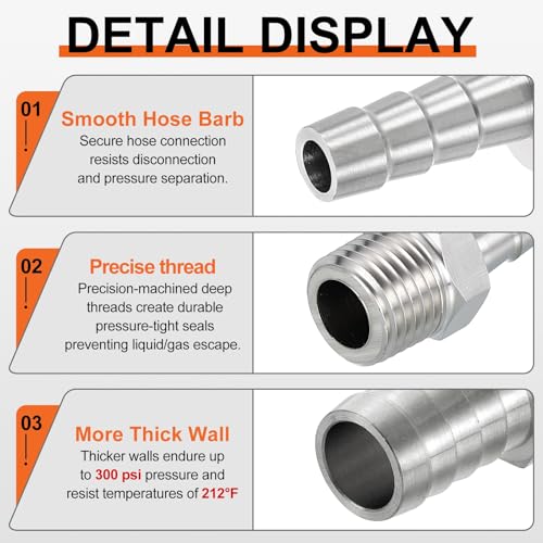 2 Pack Stainless Steel Hose Barb to NPT Male Adapter, 3/8" Barb x 3/8" NPT Male for Industrial, Automotive, Fluid Transfer, Home Gardening - size: 3/8" Barb To 3/8" NPT Male