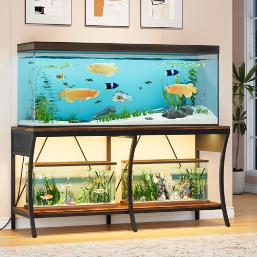 55-90 Gallon Fish Tank Stand with Power Outlets, 2-Tier Aquarium Stand with LED Light Strip & Open Storage Shelves, Heavy Duty Metal Table for Reptile Tank, 1150 LBS Capacity - color: Brown and Black