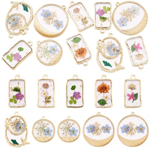 Transparent Flower Resin Charms Round Gold Edge Dried Floral Pendants Flat Round Clear Gold Foil Floral Charms for Necklace Bookmark Keychain Jewelry Making - color: Flower-9
