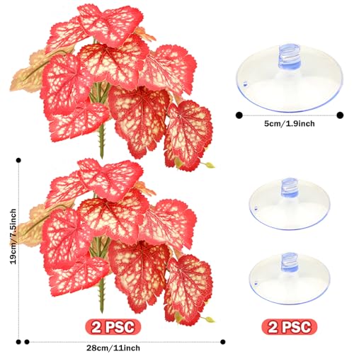 QUOZUO 2 Pack Reptile Plants for Terrarium, Artificial Leaves Habitat Decorations with Suction Cups, Terrarium Hanging Plants Vines for Bearded Dragons Lizards Snake Geckos Frogs - Red - color: Red