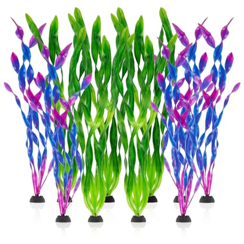 RAINFLOW Artificial Aquarium Plants Decorations - 10Pcs Green & Purple Tall Artificial Seaweed Fish Tank Decorations,Aquarium Decor Set,Plastic Plants Betta Fish Tank Accessories