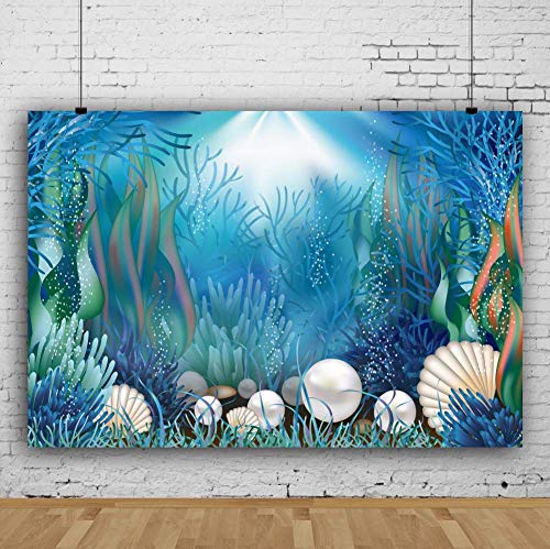 AOFOTO 15x10ft Fairytale Undersea Pearl Shell Backdrop Deep Sea Plants Coral Pearl Mussels Underwater Mermaid's Shelter Background for Photography Happy Birthday Party Banner Baby Shower Photo Booth - size: 15x10ft