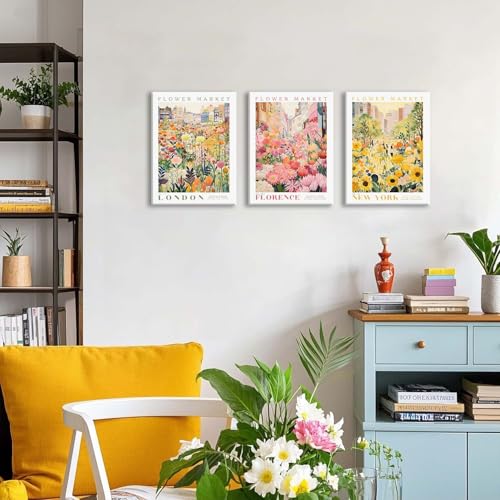 XLARTMY Flower Market Wall Art Print Canvas Framed Yellow Pink Floral Paintings Colorful Botanical Sunflower Artwork Travel Poster for Decor Picture 3 pieces for Living Room Bedroom Bathroom 12x16in - color: Flower Market-2, size: 12x16in Canvas