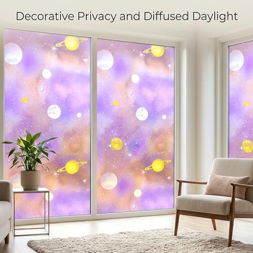 Purple Window Privacy Film Stained Glass Sliding Door Cling Decorative Galaxy Planet Static Tint UV Blocking Non-Adhesive Covering Stickers Cover Decal for Kids Bedroom,35x78.7in. - color: Galaxy Purple, size: 35''x78.7''