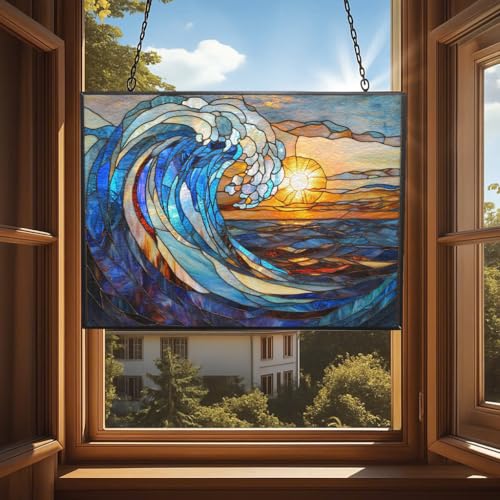 Rectangle Art Nouveau Spiral Ocean Wave Stained Glass Window Hanging, 15" W X 11" H Stained Glass Panel with Chain, Suncatchers for Windows Hanging Decorations, Gifts for Mom, Grandma - color: Art Nouveau Spiral Ocean Wave 1, size: 9.4x7.1 IN