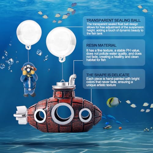 CousDUoBe New Upgrade Floating Fish Tank Decoration, Cute Retro Submarine Set and Floating Diver,Three Float Balls, Aquarium Decorations Resinous Betta Fish Tank Accessories - color: Reddish Brown
