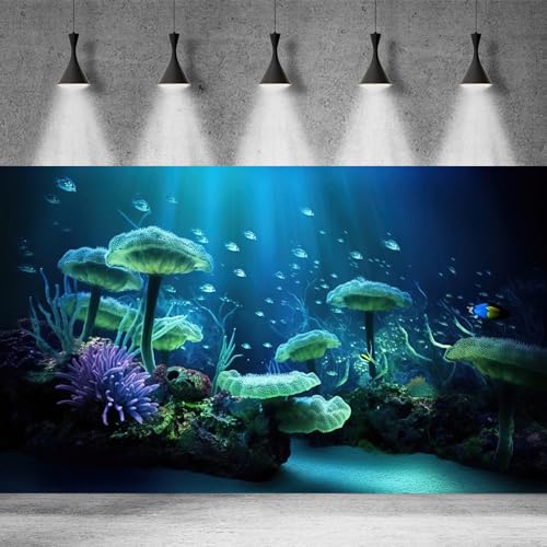 Underwater Aquarium Background Colorful Exotic Corals and Marine Terrarium Background Tropical Fish Deep Ocean Underwater Plants Fish Tank Backdrop Wallpaper Decorations Poster Vinyl 24x12in - color: Dark Blue Purple, size: 24(W)x12(H)in