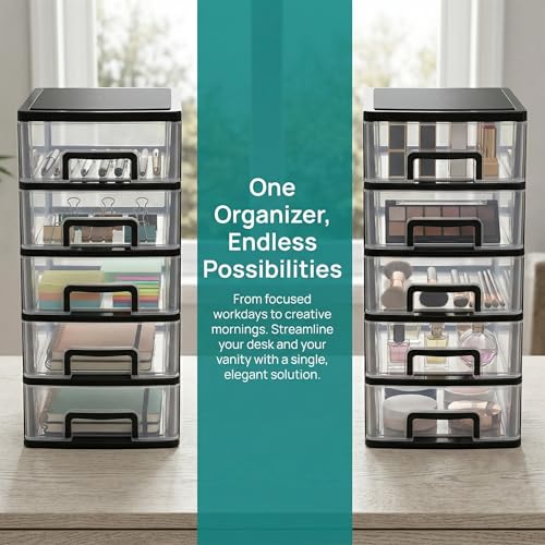 Cabilock 5 Drawer Plastic Storage Organizer Clear Desktop Drawer Storage Cabinet for Office Study Bathroom Craft Supplies