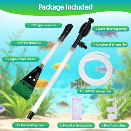 Fish Tank Cleaner Gravel Vacuum for Aquarium Water Changer Aquarium Siphon with Double Sided Sponge Brush Algae Scraper Fish Tank Cleaning Kit for Cleaning Gravel & Sand (Black) - color: Black