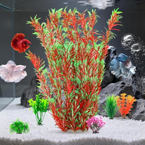 CousDUoBe 21 Inch Aquarium Plants Set Tall Fish Tank Plants – Realistic Artificial Fish Tank Decorations (1 Pcs Large Green Fish Tank Plants, 5 Pcs Small Plants) - color: Red-green