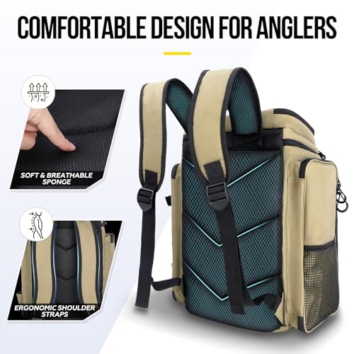 PLUSINNO Fishing Tackle Backpack with Rod Holders，42L Water-resistant Fishing Bag Store Fishing Gear,Fishing Gifts For Men. - color: Khaki