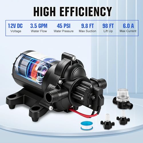 ECO-WORTHY RV Fresh Water Pump 12V DC 3.5GPM 45PSI with Pressure Switch, 12Volt Self Priming Water Pressure Diaphragm Pump On demand for RV Yacht Camper Sprayer Food Truck Black - size: 3.5GPM-45PSI-12V-Standard Package