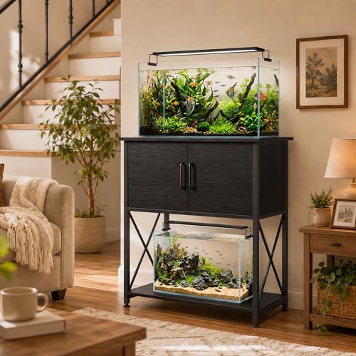 Herture 20-29 Gallon Aquarium Stand Metal Frame Fish Tank Stand with Cabinet Storage, for 20 Gallon Long Aquarium,30.7" L*16.5" W Tabletop,330LBS Capacity Black PG01YGB - color: Black, size: 20-29 Gallon