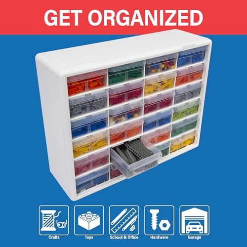 Akro-Mils 24-Drawer Plastic Drawer Storage Cabinet for Garage Organization, Bead Organizer, Building Bricks Storage, Teacher Toolbox, Makeup Organizer, 20" W x 6" D x 16" H, 10124 White - color: White, size: 24 Drawer, style: 1 Pack
