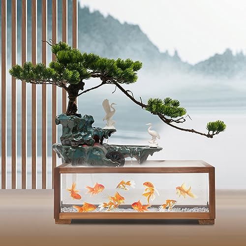 Tabletop Water Fountains Indoors with LED Light, Fake Plants，Rockery and Aquariums Water Fall Indoor for Living Room Office Decor (Fish Tank Size: 17.7L x 8.3W x 6H Inch - style: style B