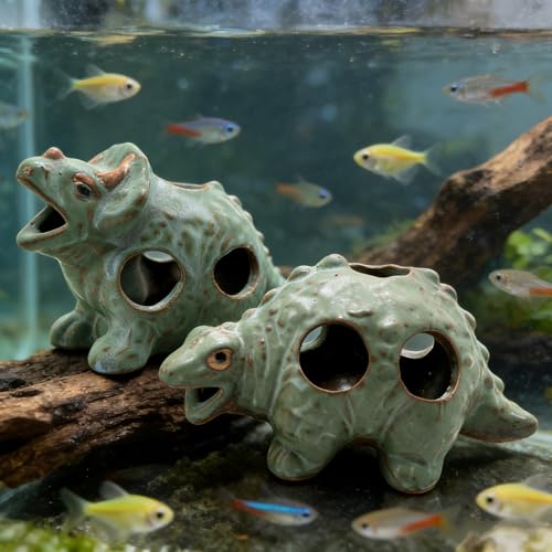 M2cbridge Aquarium Ceramic Cave Rock for Betta Shrimp Cichlid Fish Hideout Decor (Small Dinosaur 2pcs) - color: Small Dinosaur 2pcs
