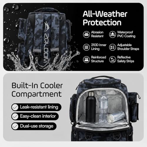 Waterproof Fishing Backpack with Tackle Boxes, Rod Holder & Foldable Net - 40L Fishing Tackle Bag with Trays Included, Extra Storage Gear and Equipment, Rain Cover, Fisherman Gift for Men - color: Black Camo