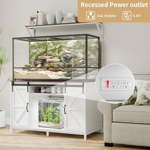 VOWNER Farmhouse Reptile Tank Stand with Power Outlet, 48" X 24" Tabletop Fits up 120 Gallon Bearded Dragon Tank, Heavy Duty Aquarium Stand with Storage Cabinet, Reptile Turtle Terrarium Stand White - color: White + Walnut