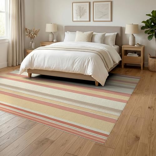 6'x9' Washable Minimalist Stripe Area Rug, Beige Non-Shedding Pet Friendly Room Rug Foldable Easy Care Carpet for Queen Size Bedroom, Under Bed, Master Suite | Ref:1993949 - color: Beige/Pattern 23, size: 6' x 9' (Rectangular)